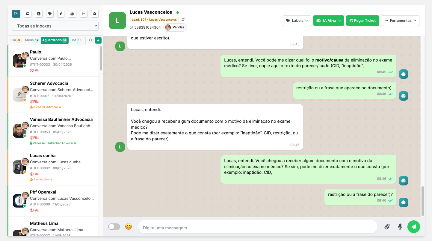 WhatsApp com IA JusLead - atendimento comercial e operacional em inboxes